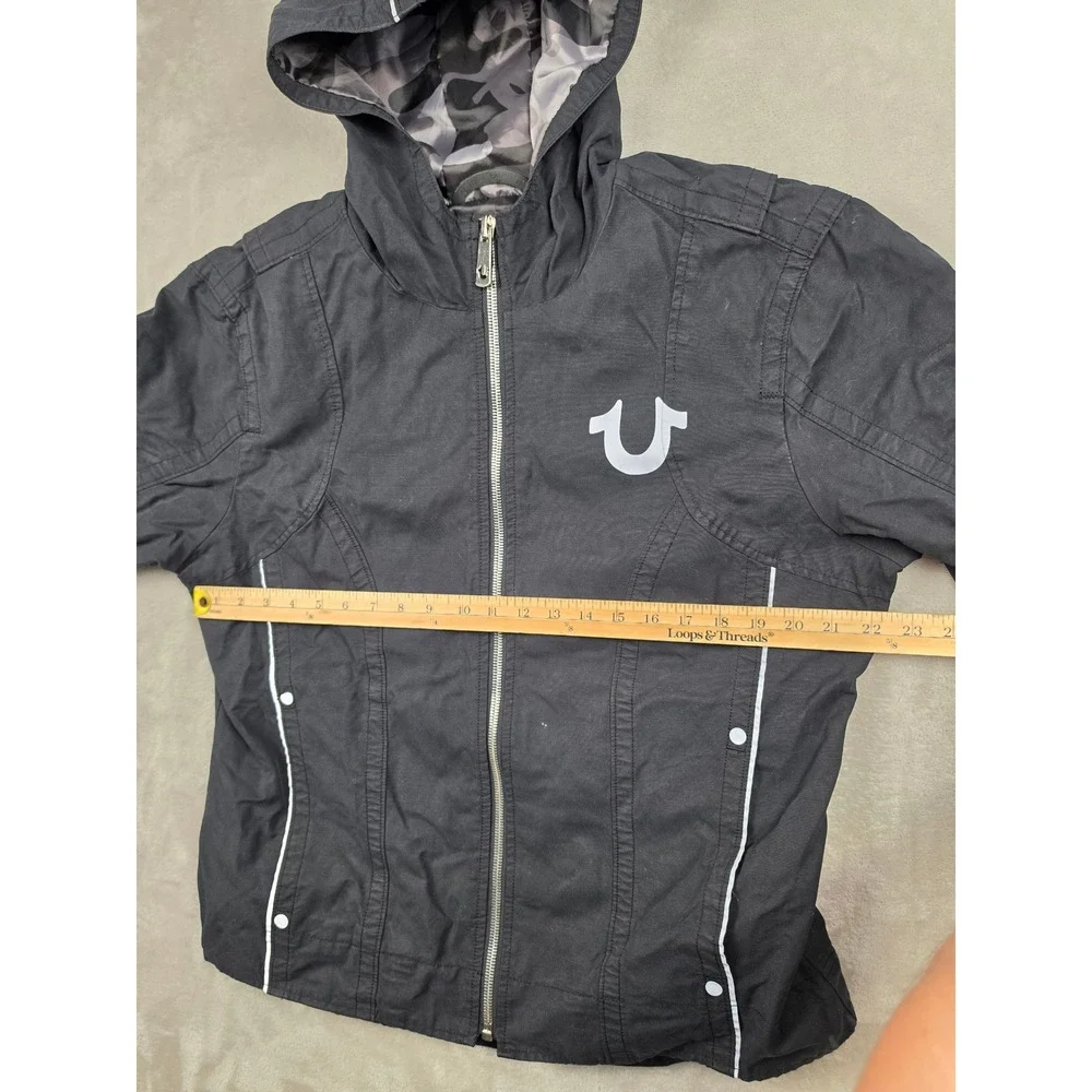 True Religion Moto Jacket‎ Mens Large Black Camo Lined Zip Hood Biker Reflective